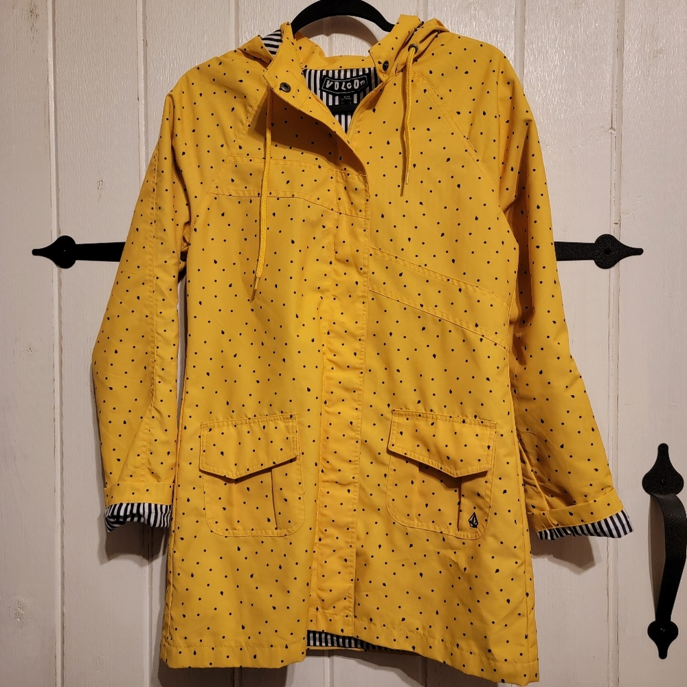 Volcom Womens Jacket Yellow Blue Polka Dots Rain Coat Size Small